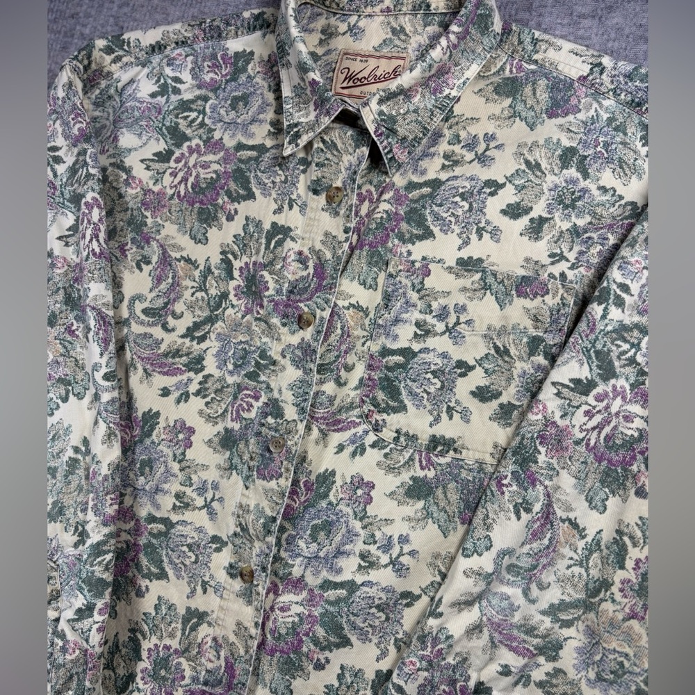 Vintage Floral Button Up Woolrich Women’s L Long Sleeve Cream Roses Cottage 90s - Picture 2 of 4